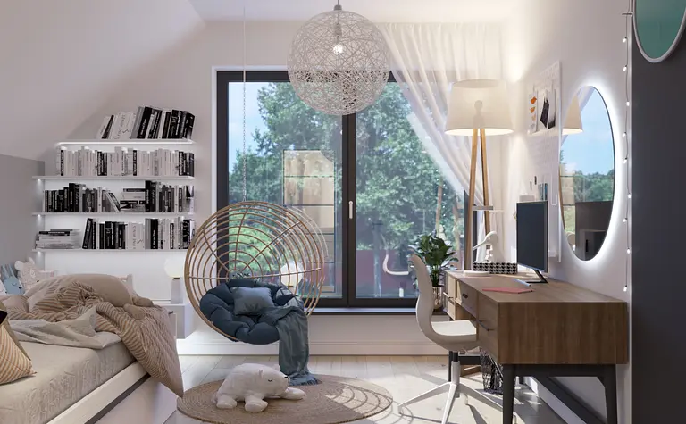 Wnętrze pokoju z huśtawką, biurkiem i książkami, styl boho i skandynawski.