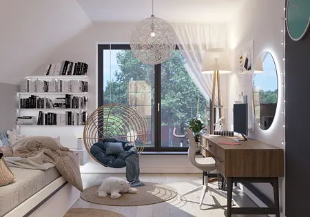 Wnętrze pokoju z huśtawką, biurkiem i książkami, styl boho i skandynawski.