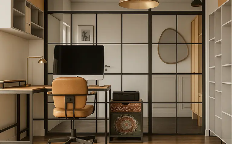 Gabinet z biurkiem, telewizorem, art deco i eklektycznym stylem.