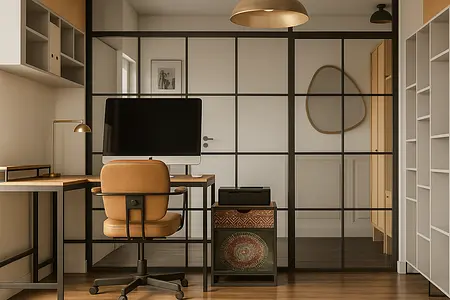 Gabinet z biurkiem, telewizorem, art deco i eklektycznym stylem.