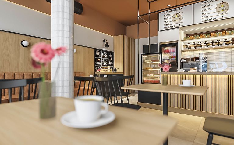 Wnętrze kawiarni z eklektycznym stylem, drewniane meble i różowe kwiaty