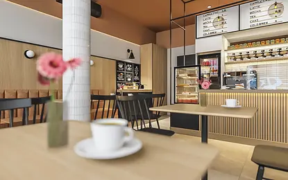 Wnętrze kawiarni z eklektycznym stylem, drewniane meble i różowe kwiaty