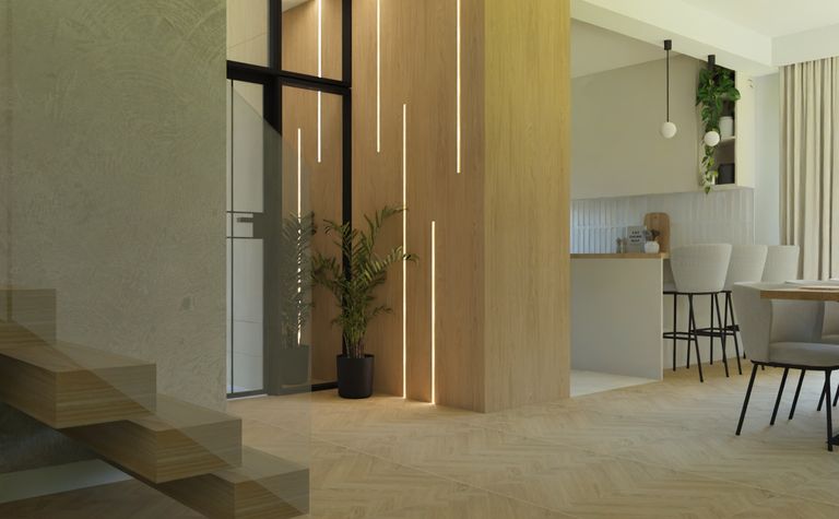 Wnętrze w stylu japandi z nowoczesną kuchnią i minimalistycznymi detalami.