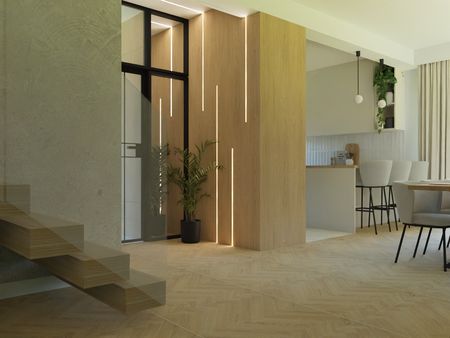 Wnętrze w stylu japandi z nowoczesną kuchnią i minimalistycznymi detalami.