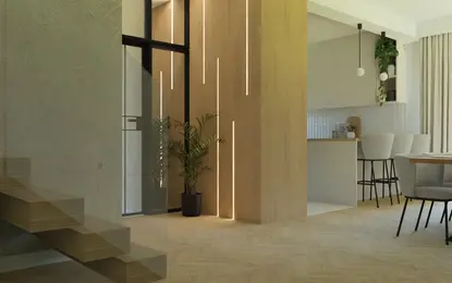 Wnętrze w stylu japandi z nowoczesną kuchnią i minimalistycznymi detalami.