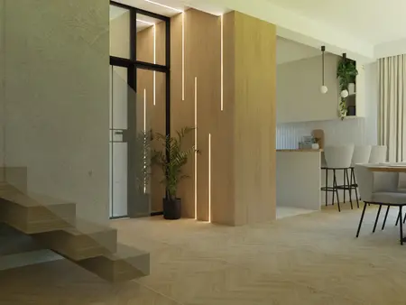 Wnętrze w stylu japandi z nowoczesną kuchnią i minimalistycznymi detalami.