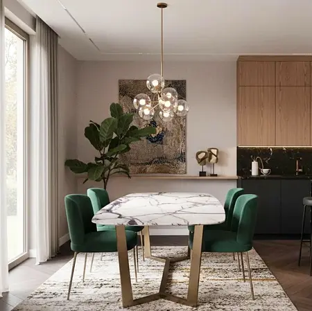 Nowoczesna jadalnia z zielonymi krzesłami i marmurowym stołem w stylu quiet luxury, soft minimalizm.