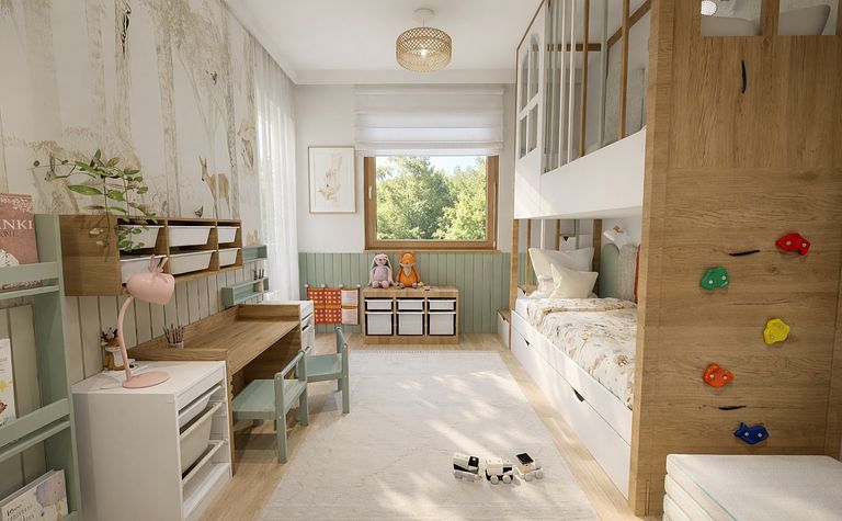 Pokój dla dzieci w stylu eklektycznym i minimalistycznym z drewnianymi elementami.