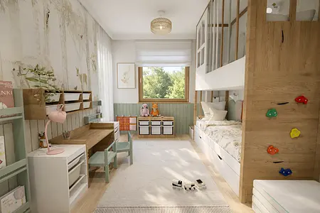Pokój dla dzieci w stylu eklektycznym i minimalistycznym z drewnianymi elementami.