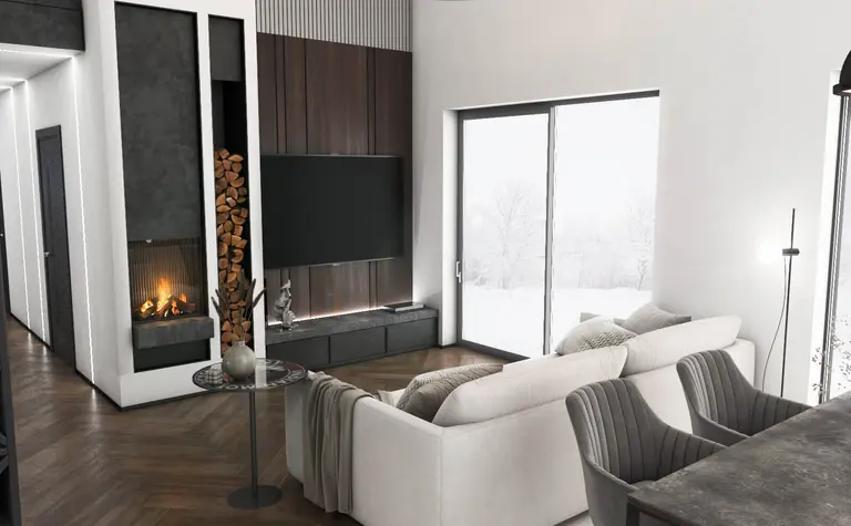 Wnętrze salonu w stylu industrialnym i minimalistycznym z kominkiem oraz dużymi oknami.