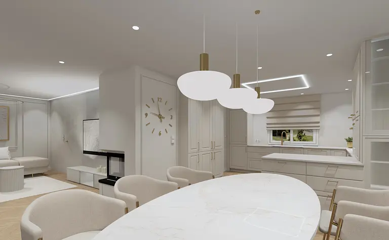 Nowoczesne wnętrze kuchni z białymi meblami i drewnianymi akcentami w stylu glamour.