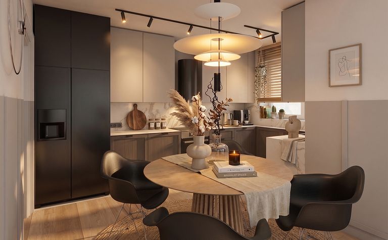 Wnętrze kuchni z czarnymi meblami, drewnianym blatem, minimalistycznym i minimaluxe stylem.