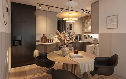 Wnętrze kuchni z czarnymi meblami, drewnianym blatem, minimalistycznym i minimaluxe stylem.