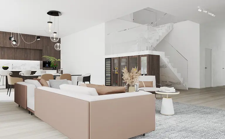 Nowoczesny salon z jasnymi meblami i drewnianą kuchnią, styl współczesny.
