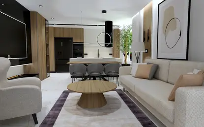 Nowoczesne wnętrze salonu z jasnymi meblami i drewnianym stołem.