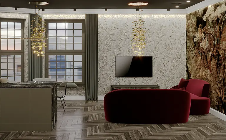 Wnętrze z meblami art deco, nowoczesnym oświetleniem i dekoracyjną ścianą.