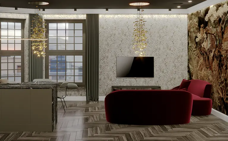 Wnętrze z meblami art deco, nowoczesnym oświetleniem i dekoracyjną ścianą.