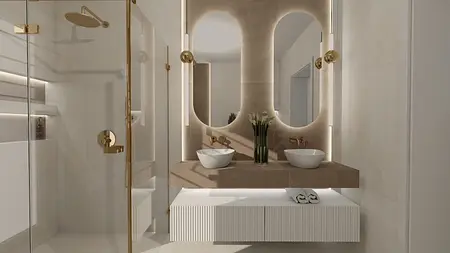Nowoczesna łazienka z minimalistycznym wyposażeniem, glamour akcentami i jasnymi kolorami.
