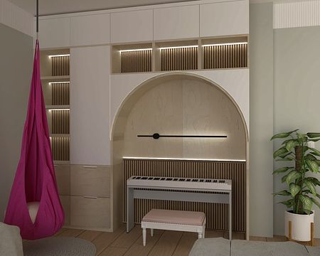Wnętrze pokoju z różowym hamakiem, białym fortepianem, boho i minimalistycznym stylem.