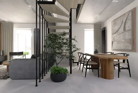 Wnętrze w stylu industrialnym z minimalistycznym stołem, roślinami i betonowym sufitem.