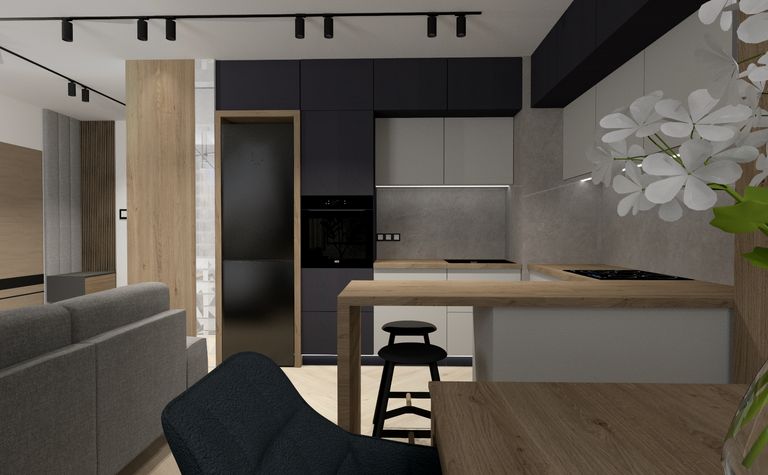 Wnętrze kuchni z industrialnym, nowoczesnym, współczesnym designem i drewnianymi akcentami.