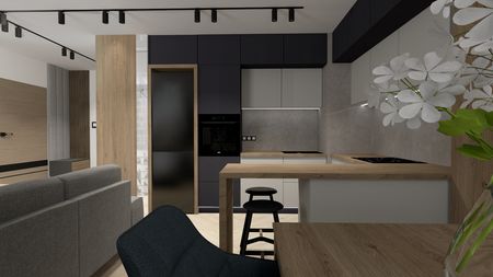 Wnętrze kuchni z industrialnym, nowoczesnym, współczesnym designem i drewnianymi akcentami.