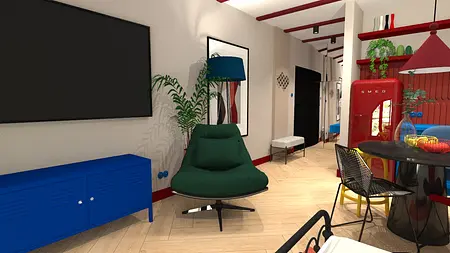 Wnętrze salonu w stylu art deco i nowoczesnym z zielonym fotelem i niebieską komodą.