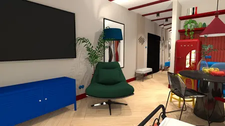 Wnętrze salonu w stylu art deco i nowoczesnym z zielonym fotelem i niebieską komodą.