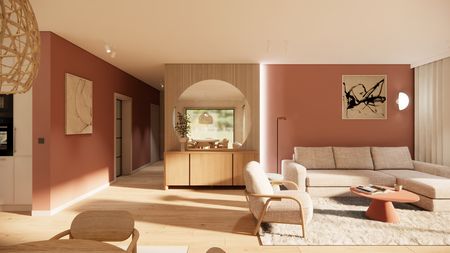 Salon w stylu boho i skandynawskim z beżową sofą i drewnianymi meblami.