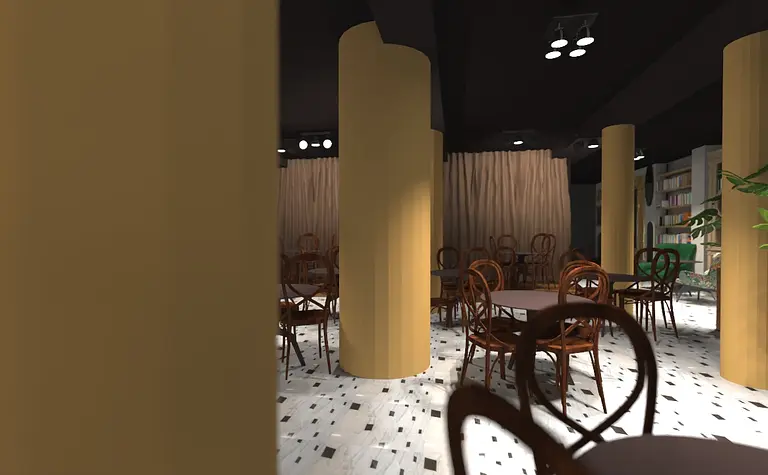 Wnętrze kawiarni z eklektycznymi elementami, jasnymi filarami i drewnianymi meblami.