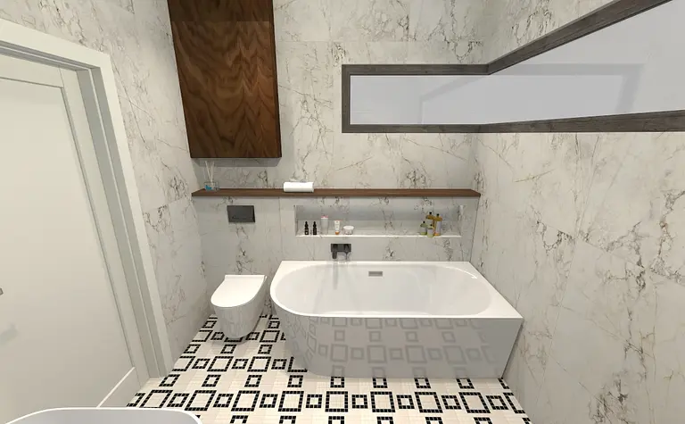 Współczesna łazienka z białą wanną, drewnianymi detalami i stylową podłogą.