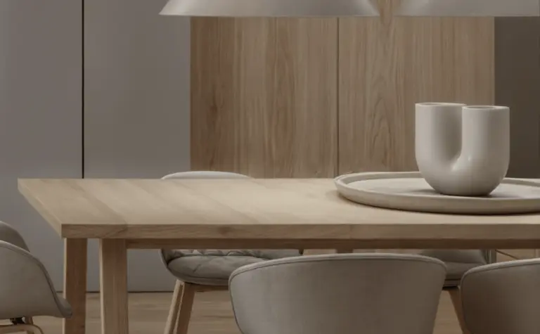 Wnętrze jadalni z drewnianym stołem, minimalistycznymi lampami i eklektycznymi akcentami.