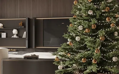 Wnętrze salonu z drzewkiem bożonarodzeniowym, prezentami, styl art deco, glamour, minimalistyczny.
