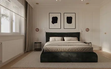Eklektyczna sypialnia z zielonym łóżkiem, nowoczesnymi obrazami oraz elementami quiet luxury.