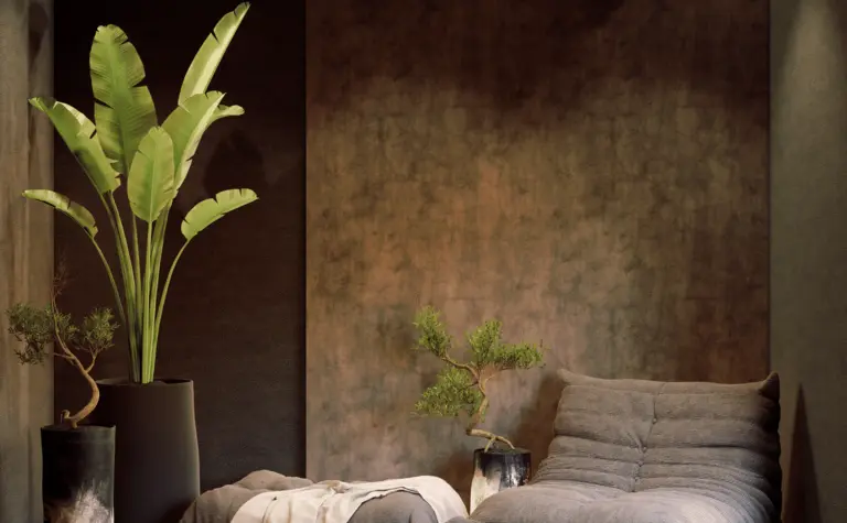 Wnętrze z roślinami, poduchami i nowoczesnym wystrojem art deco, boho, eklektycznym, skandynawskim.
