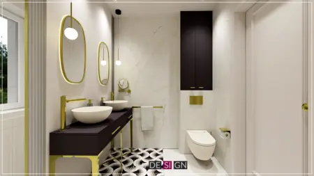 Nowoczesna łazienka w stylu art deco z białymi umywalkami i czarnymi akcentami.