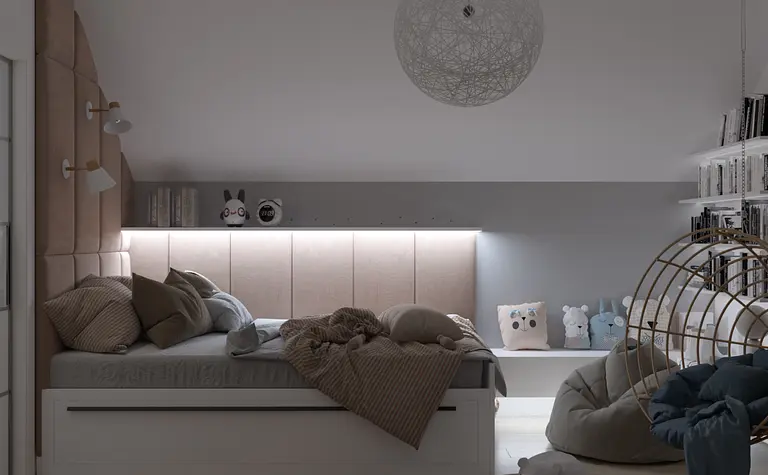 Pokój dziecięcy w stylu boho z białym łóżkiem i szarymi akcentami