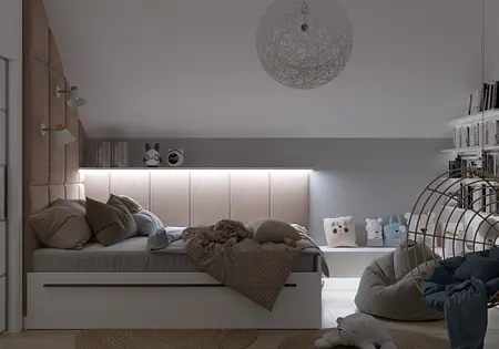Pokój dziecięcy w stylu boho z białym łóżkiem i szarymi akcentami
