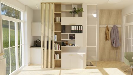 Wnętrze minimalistyczne z białymi meblami i drewnianym regałem, styl soft minimalizm.