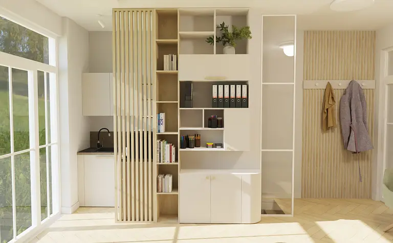 Wnętrze minimalistyczne z białymi meblami i drewnianym regałem, styl soft minimalizm.