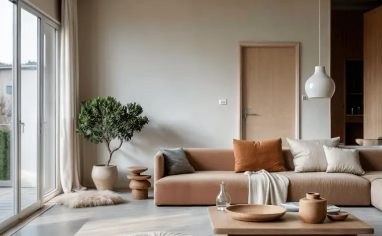 Wnętrze salonu z sofą w odcieniach brązu, drewnianym stolikiem, boho i minimalistycznym stylem.