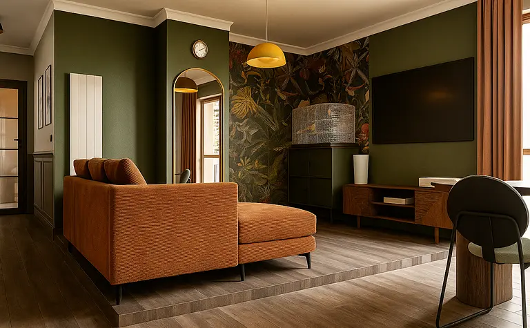Wnętrze salonu w stylu art deco z brązową sofą i zielonymi akcentami.
