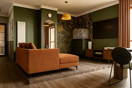 Wnętrze salonu w stylu art deco z brązową sofą i zielonymi akcentami.