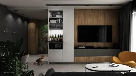 Wnętrze nowoczesnego salonu z drewnianą ścianą i telewizorem