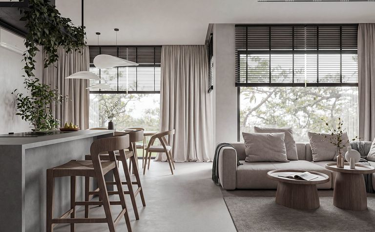 Wnętrze w stylu japandi i minimalistycznym z jasnymi meblami i drewnianymi detalami.