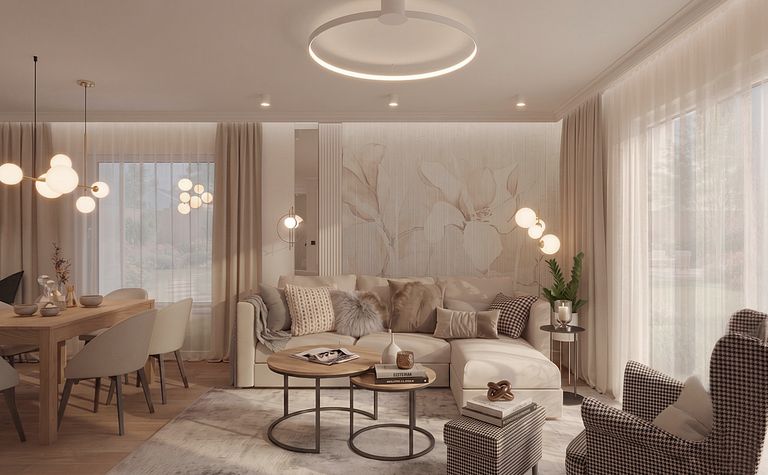 Wnętrze salonu z jasnymi meblami, drewnianym stołem i stylowymi lampami, dopamine decor.