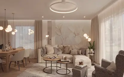 Wnętrze salonu z jasnymi meblami, drewnianym stołem i stylowymi lampami, dopamine decor.