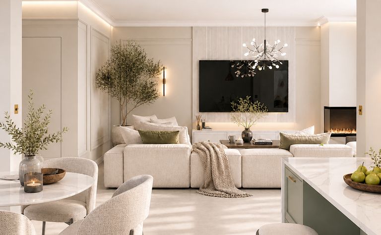 Nowoczesny salon w stylu quiet luxury z jasnym wystrojem.