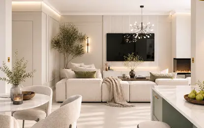Nowoczesny salon w stylu quiet luxury z jasnym wystrojem.