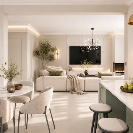 Nowoczesny salon w stylu quiet luxury z jasnym wystrojem.